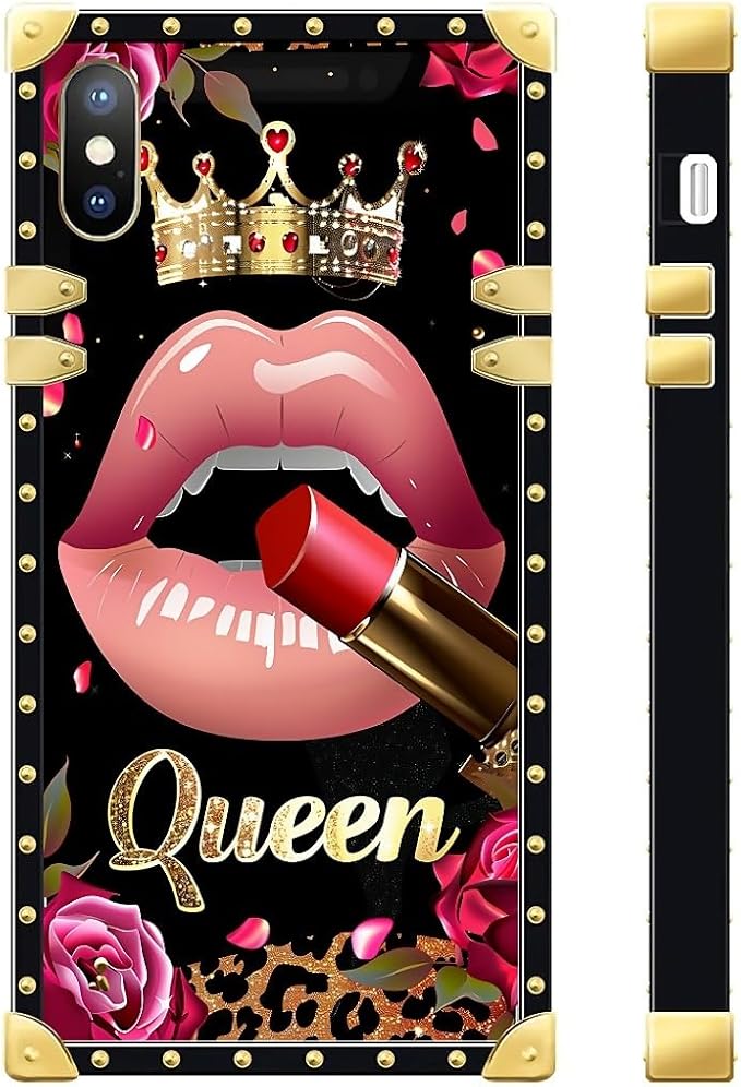 Compatible with iPhone XR Case, Glitter Red Rose Queen Leopard Lipstick Luxury Golden Decoration for Girl Women Soft TPU Shockproof Protective Hard PC Back for iPhone XR