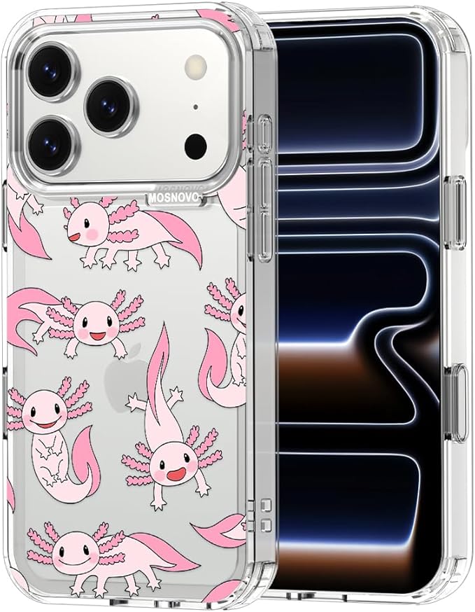 MOSNOVO for iPhone 17 Pro Case | Military Grade 6.6ft Drop Tested | Camera Control | Clear with Pink Axolotl Design