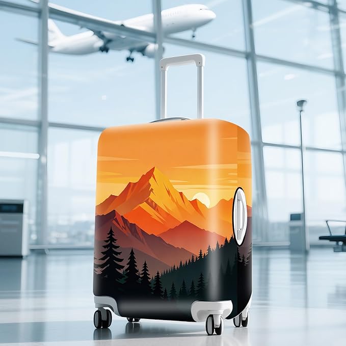 Retro Mountain Landscape Sunset Travel Luggage Cover -Stretchable Airplane Suitcase Protector Sleeve,Universal Washable Fit for 20-37 Inch Checked Baggage,Water Resistant Durable Luggage Protector