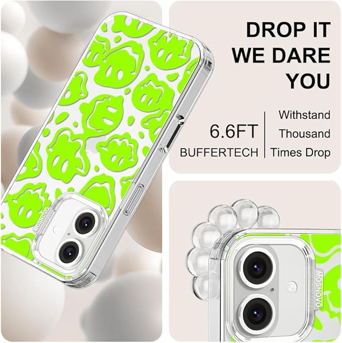 MOSNOVO Case for iPhone 16, [Buffertech 6.6ft Military-Grade Drop Protection] [Anti Peel Off Tech] Clear TPU Bumper Phone Case Cover Design - Distorted Green Smiles Face