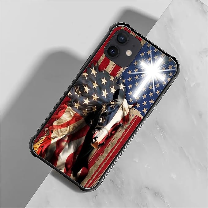 for iPhone 12/12 Pro Case, Red American Flag Horse Cross Pattern Graphic Design Girl Boy Soft Silicone Hard Acrylic Shock Protection for iPhone 12/12 Pro