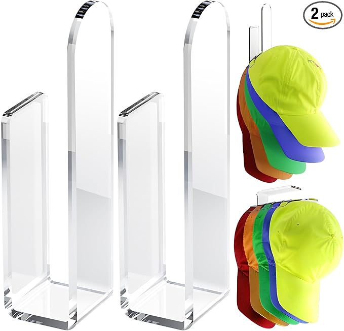 PAVSTINE Acrylic Hat Hook for Wall, 2 Pack Hat Organizer for Baseball Cap, No Drilling Strong Adhesive Hat Rack, Multi-Purpose Sticky Hat Storage Hat Hangers for Wall, Door, Closet, Display, Clear
