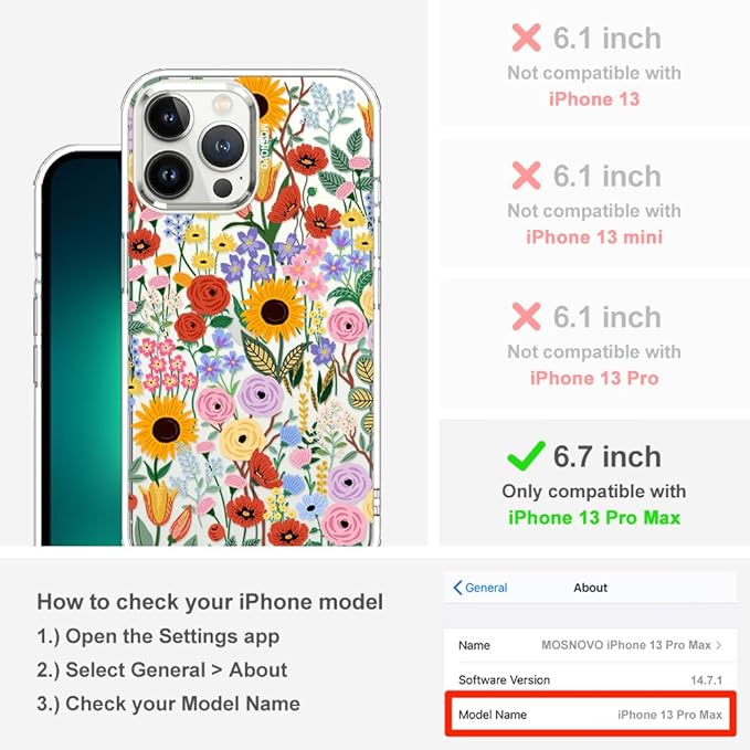 MOSNOVO Case for iPhone 13 Pro Max, [Buffertech 6.6ft Military-Grade Drop Protection] [Anti Peel Off Tech] Clear TPU Bumper Phone Case Cover Design - Blossom & Bloom