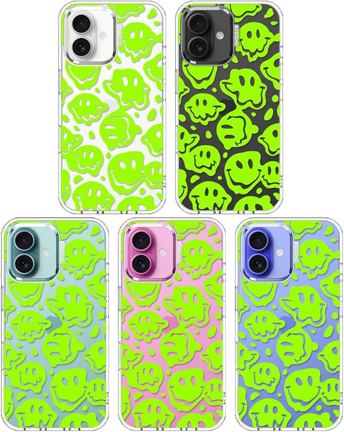 MOSNOVO Case for iPhone 16, [Buffertech 6.6ft Military-Grade Drop Protection] [Anti Peel Off Tech] Clear TPU Bumper Phone Case Cover Design - Distorted Green Smiles Face