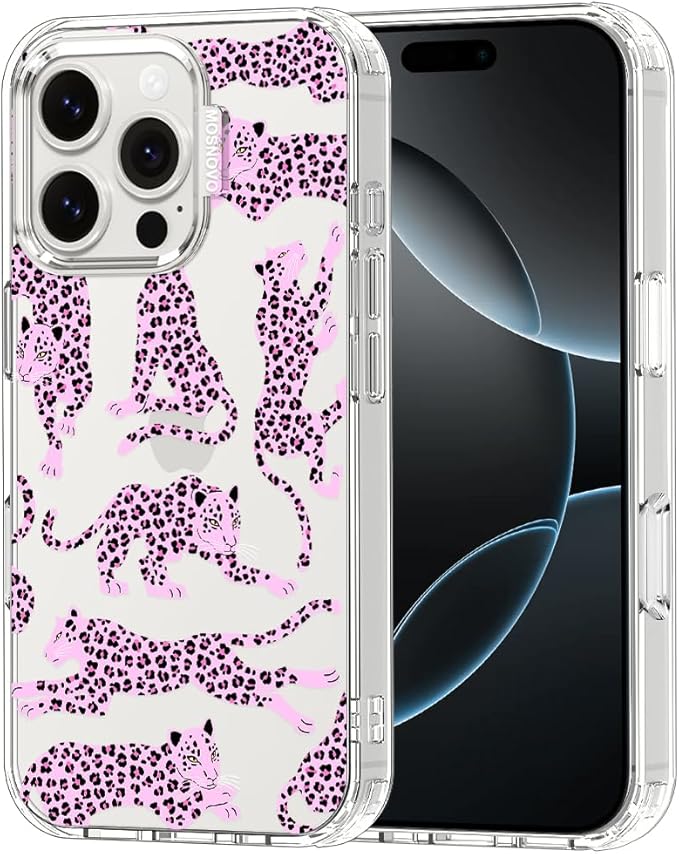 MOSNOVO Case for iPhone 16 Pro, [Buffertech 6.6ft Military-Grade Drop Protection] [Anti Peel Off Tech] Clear TPU Bumper Phone Case Cover Design - Pink Leopard
