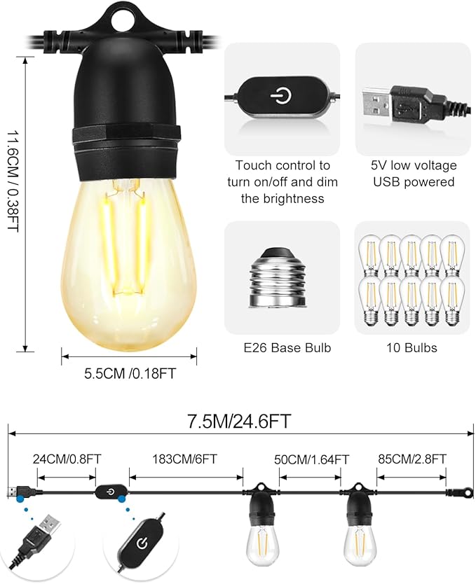 BRIMAX 24.6Ft USB Powered String Lights,10 LED Bulbs Waterproof & Shatterproof Outdoor Camping String Light Dimmable Brightness with Swith for Tents,Patio,Backyard and Holidays,2700K Warm White