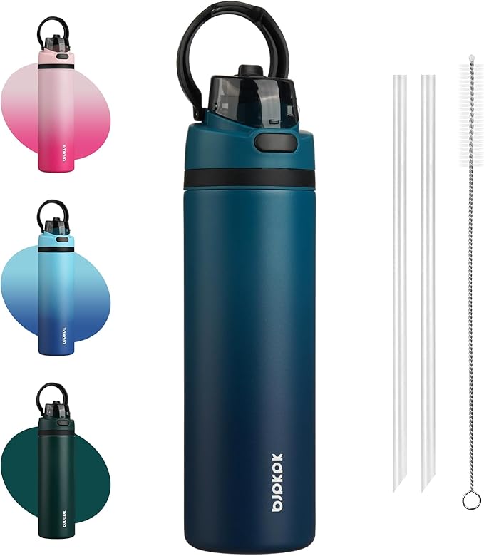 BJPKPK 25oz Insulated Water Bottle with 2-1 Straw Spout Lid, Stainless Steel Metal Water Bottles with Carry Handle, BPA Free, Leak-Proof, Fits in Car Cup Holder, Thermo for Sports,Sea