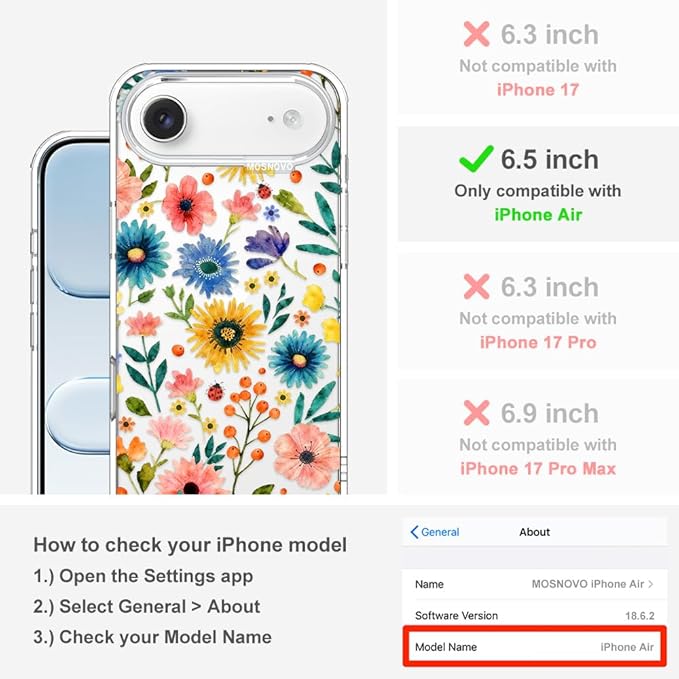 MOSNOVO for iPhone Air Case, Shockproof Military-Grade Protection 6.6ft Drop Tested, Camera Control, Clear Phone Case for iPhone 17 Air, Wildflower Bloom Design