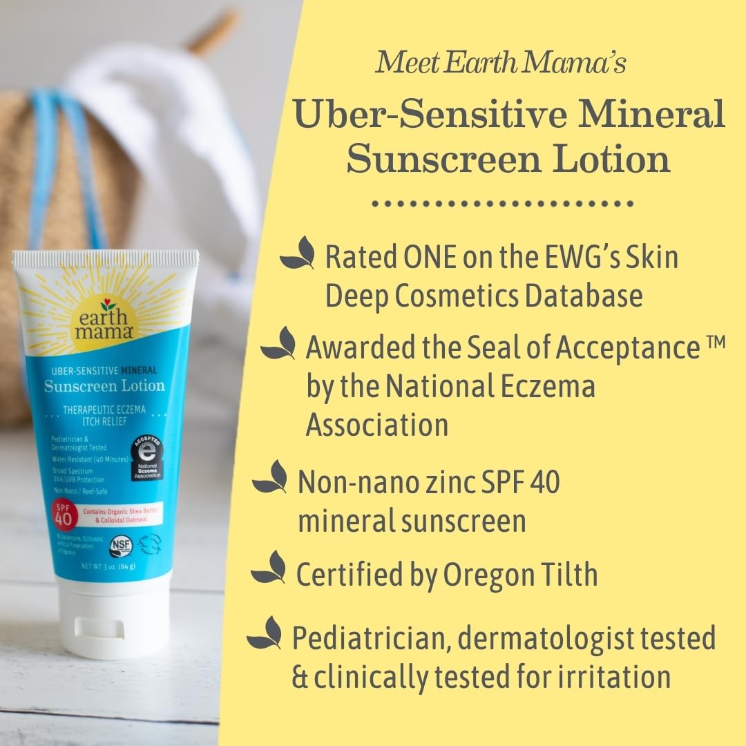Earth Mama Uber-Sensitive Mineral Sunscreen Lotion SPF 40 | Non-Nano Zinc, Contains Organic Colloidal Oatmeal | Steroid-Free Eczema Cream for Baby, Kid & Family, 3-Ounce