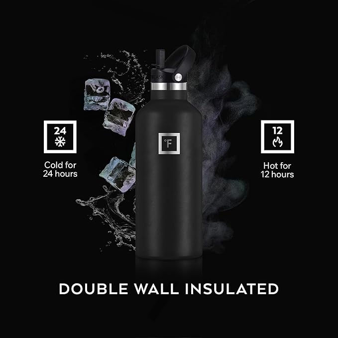 IRON °FLASK Camping & Hiking Hydration Flask with Straw, Narrow Mouth Insulated Stainless Steel Sports Water Bottle - Midnight Black 32 oz - Straw (1 Lid)