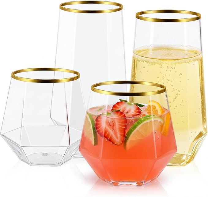 48 Pack Plastic Glasses – 24 x 9oz Stemless Champagne Flutes & 24 x 12oz Stemless Wine Glasses – Elegant Disposable Shatterproof Cup – BPA-Free Drinkware for Weddings, Parties (Gold Rim Diamond)