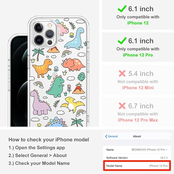 MOSNOVO Case for iPhone 12 & iPhone 12 Pro, [Buffertech 6.6ft Military-Grade Drop Protection] [Anti Peel Off Tech] Clear TPU Bumper Phone Case Cover Design - Dinosaur Land