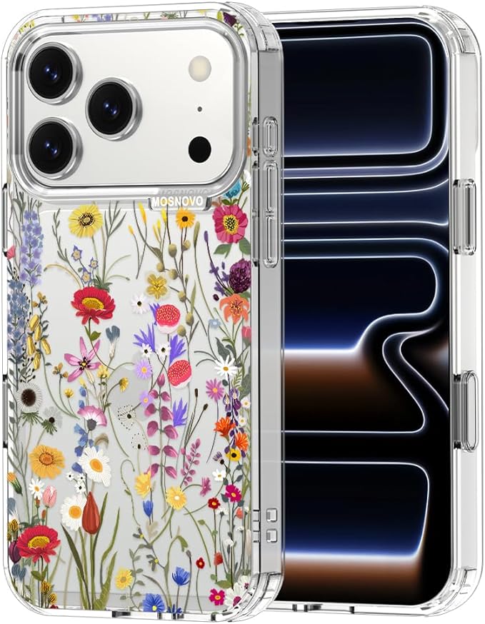 MOSNOVO for iPhone 17 Pro Case | Military Grade 6.6ft Drop Tested | Camera Control | Clear with Wildflower Meadow Design