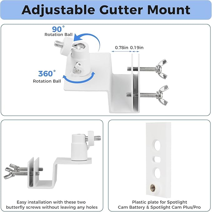 2Pack Adjustable Gutter Mount for Stick Up Cam/Spotlight Cam/Outdoor Cam Plus, Waterproof No Drill Mounting Bracket with Perfect View Angle