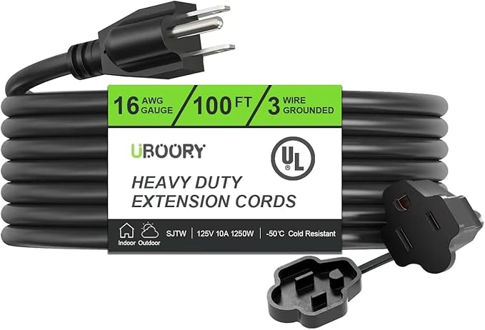 Outdoor Extension Cord Waterproof 100 FT, Black 16/3 SJTW Heavy Duty, Flexible 100% Copper 3 Prong Extension Cord for Lawn, Garage,UL Listed