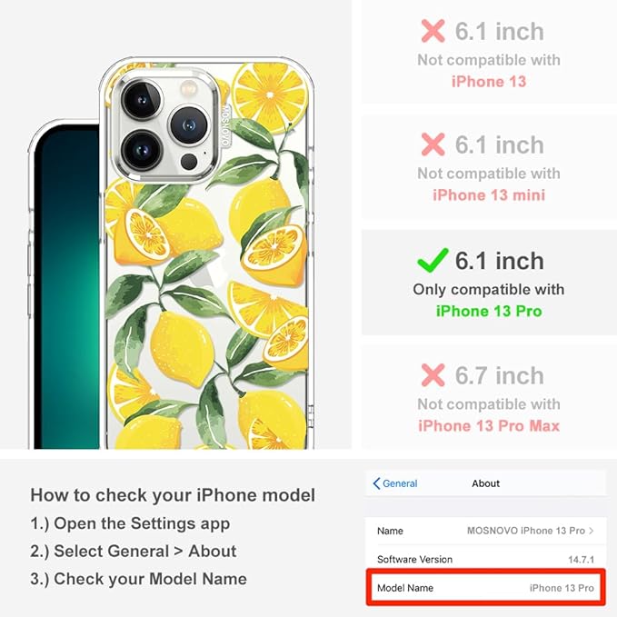 MOSNOVO Case for iPhone 13 Pro, [Buffertech 6.6ft Military-Grade Drop Protection] [Anti Peel Off Tech] Clear TPU Bumper Phone Case Cover Design - Lemon