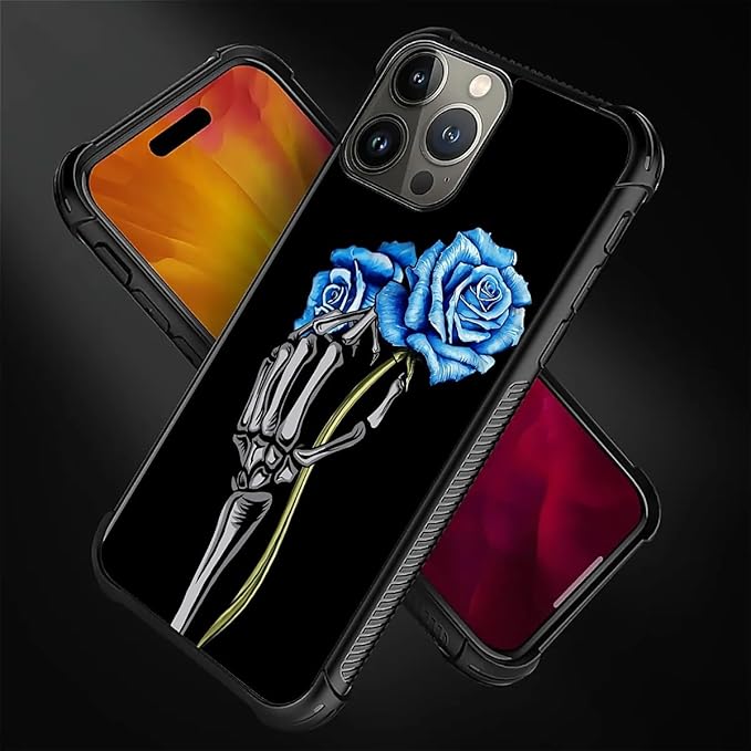 for iPhone 16 Pro Max Case, Skeleton Holding Blue Rose Pattern Graphic Design Girl Boy Soft Silicone Hard Acrylic Shock Protection for iPhone 16 Pro Max