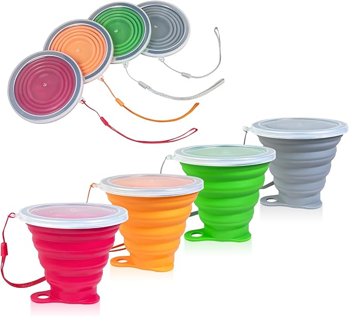 4-Pack Collapsible Silicone Cups with Lids, 9.22oz Portable Travel Drinking Cup with Stainless Steel Rim, 0.59" Thin Foldable Design for Theme Parks, Hiking, and Daily Use