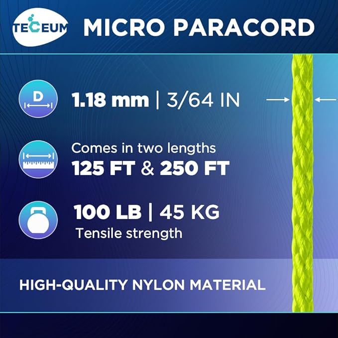 TECEUM Micro Paracord – 1.18 mm X 125 ft – Micro Utility Cord – Thin Braided Paracord Rope – Best for Crafting, DIY Projects, Fishing, Camping – Wind Chime Replacement – Survival Strong String