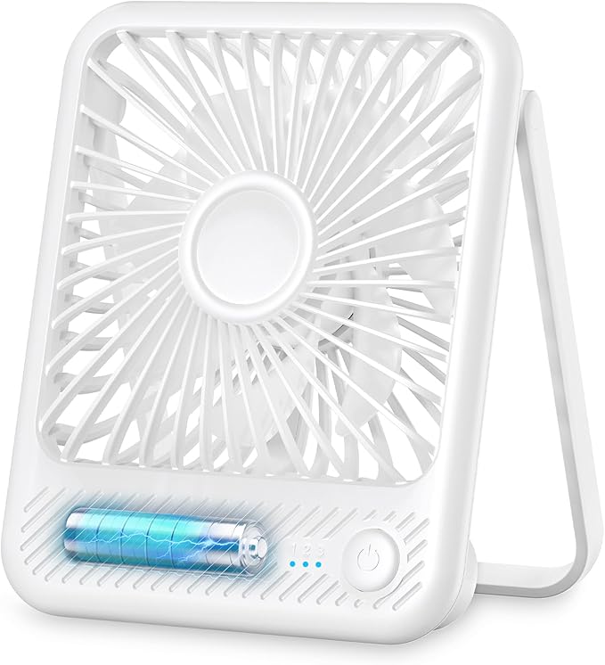 Koonie Desk Fan, Ultra Quiet 2.5-11h Battery Operated Small USB Fan with Strong Wind, 180° Tilt Folding and 3 Speeds Adjustable, Battery Powered Mini Personal Fan for Office Bedroom Desktop White