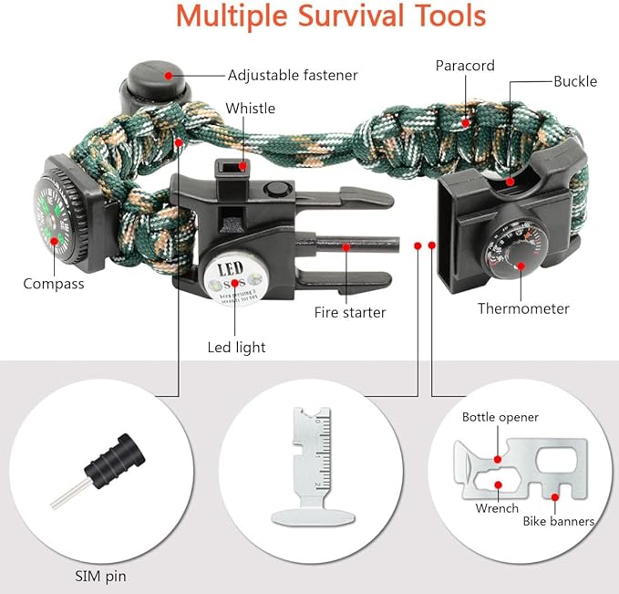 20 in 1 Survival Paracord Bracelet Adjustable Gear Kit with SOS LED Light, Fire Starter, Bigger Compass, Survival Whistle, Perfect for Camping, Hiking, Fishing