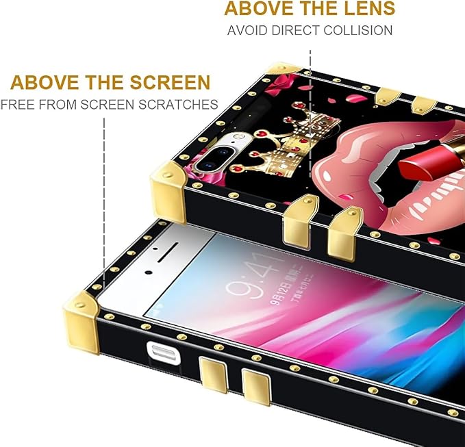Compatible with iPhone 8 7 SE Case, Glitter Red Rose Queen Leopard Lipstick Luxury Golden Decoration for Girl Women Soft TPU Shockproof Protective Hard PC Back for iPhone 8 7 SE