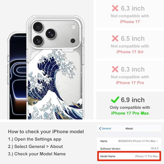 MOSNOVO for iPhone 17 Pro Max Case | Military Grade 6.6ft Drop Tested | Camera Control | Clear with Great Wave Design