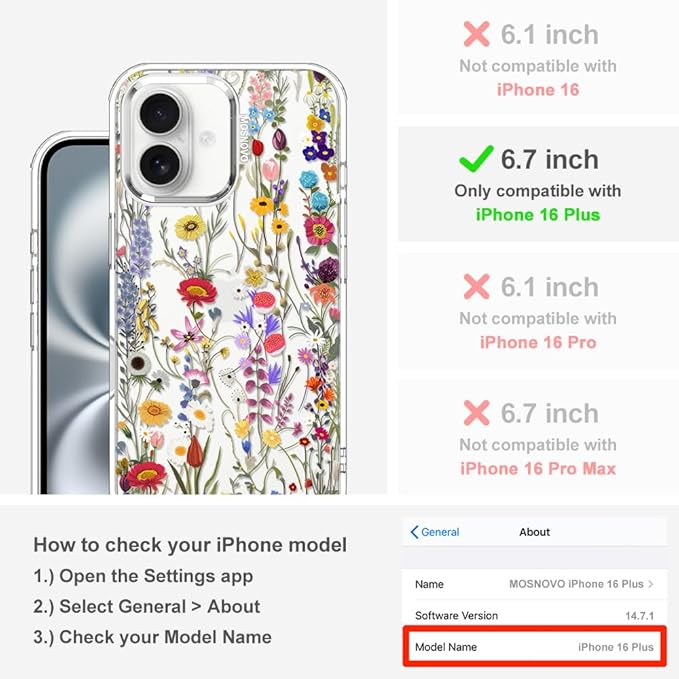 MOSNOVO Case for iPhone 16 Plus, [Buffertech 6.6ft Military-Grade Drop Protection] [Anti Peel Off Tech] Clear TPU Bumper Phone Case Cover Design - Wildflower Meadow