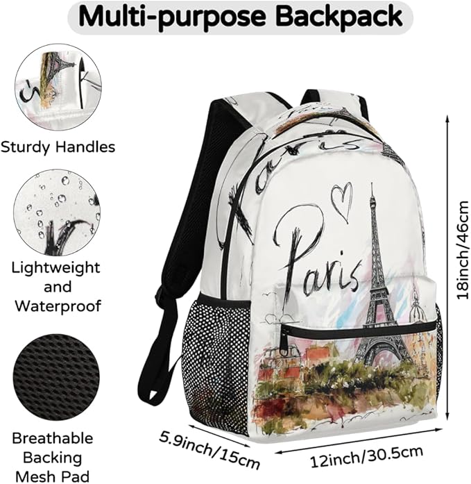 Backpacks France Paris Eiffel Tower House School Bag Student Bookbag Adjustable Shoulder Bags Laptop Rucksack Travel Hiking Camping Daypack for Teens Girls Boys Women Men