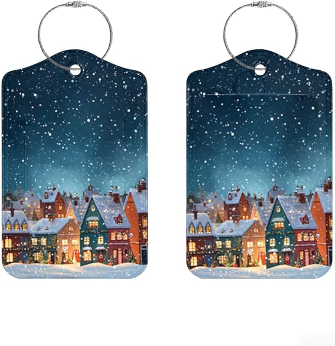 2Pcs Winter Village Luggage Tags for Suitcases, 2.83x4.53 Christmas ID Labels with Privacy Cover, Aesthetic Snowy Town Bag Tags for Backpacks, Holiday Gift for Travelers, Set of 2