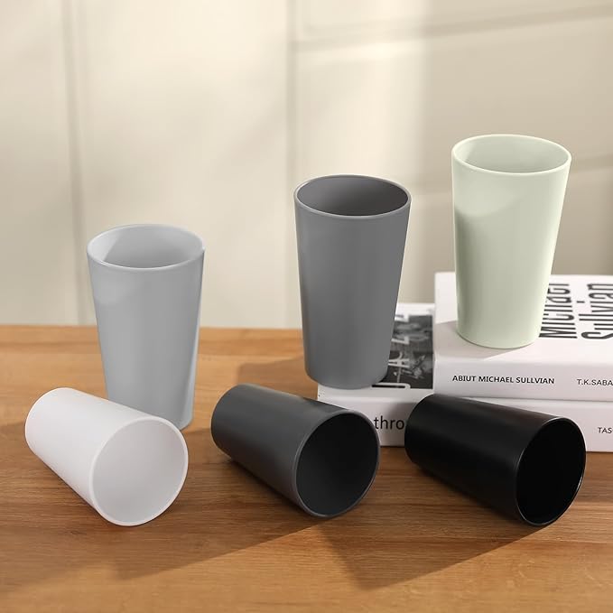 HEYCOME 24 Pcs Unbreakable Plastic Cups Set, 20 oz Reusable Plastic Cups, Stackable Water Tumblers, Drinking Cup for Kitchen, Outdoor, BPA-free, Dishwasher Refrigerator and Microwave Safe, Beige