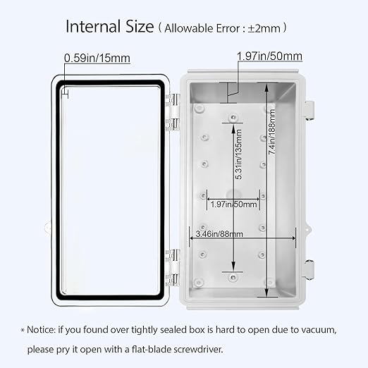 LeMotech Electrical Box, IP67 Waterproof Hinged Clear Cover Stainless Steel Latch Junction Box, ABS Plastic Electrical Enclosure with Mounting Plate,Wall Brackets, Cable Glands,8.2"x4.2"x2.9",Grey