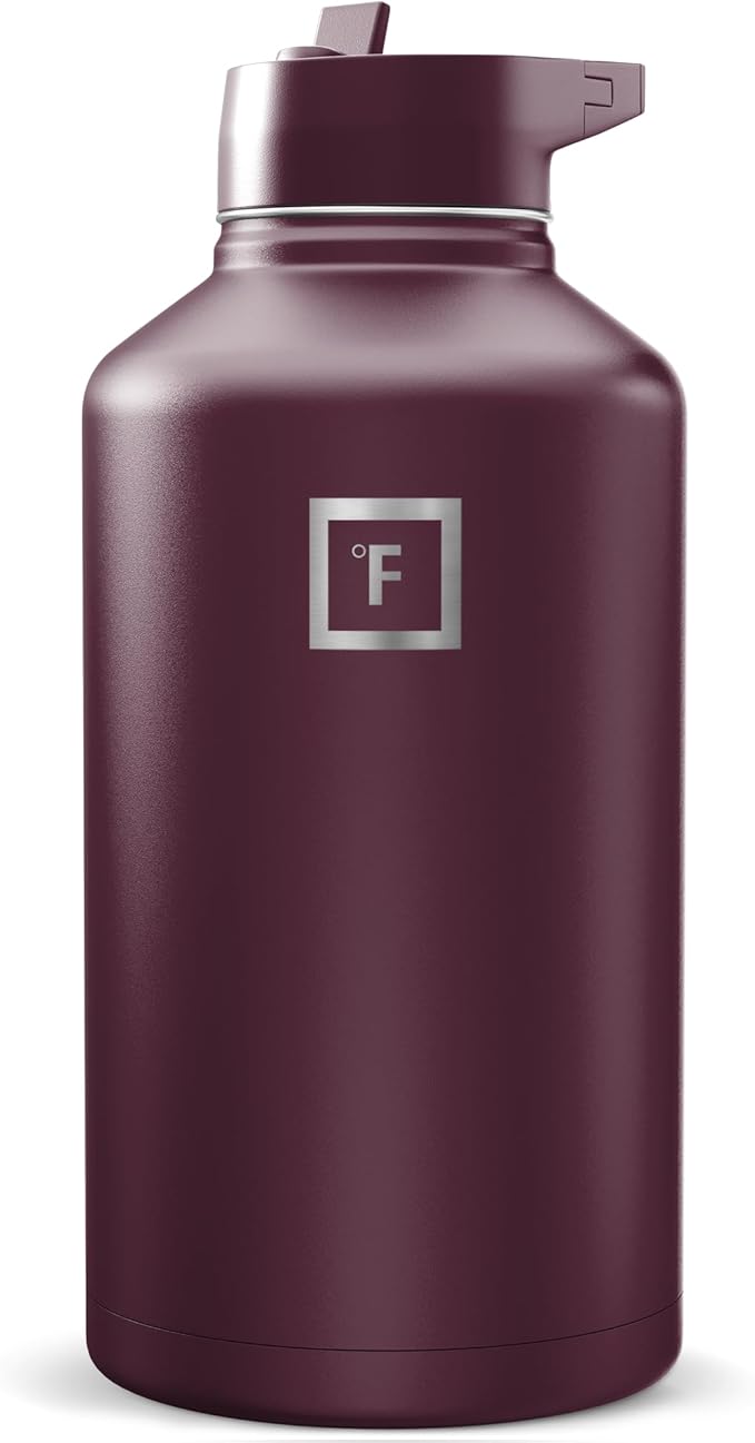 IRON °FLASK Camping & Hiking Hydration Flask with Straw, Wide Mouth Insulated Stainless Steel Sports Water Bottle - Burgundy 64 oz - Straw (1 Lid)