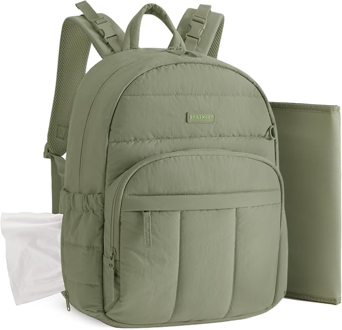 BAGSMART Diaper Bag Backpack, Multi-Pocket Puffy Diaper Bag with Waterproof Changing Pad, Lightweight Stroller-Friendly Diaper Bag with Insulated Pockets, Easy-Access Baby Essential, Green