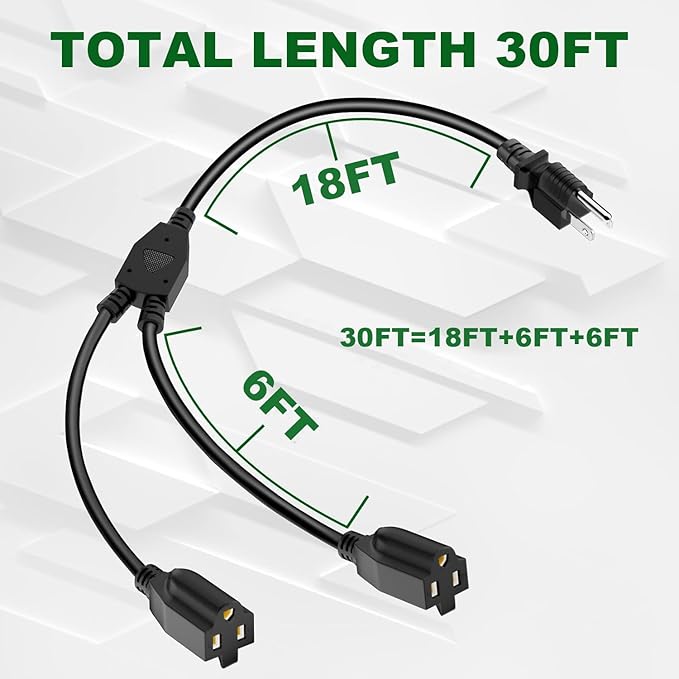 2 Way Power Extension Cord Splitter 30 Ft Total (18+6+6)-3 Prong 1 to 2 Extension Cord Cable Y Splitter-Outlet Adatper-SJTW Outdoor for Halloween Christmas Lighting Landscaping-16AWG 13A 125V-UL-1T2