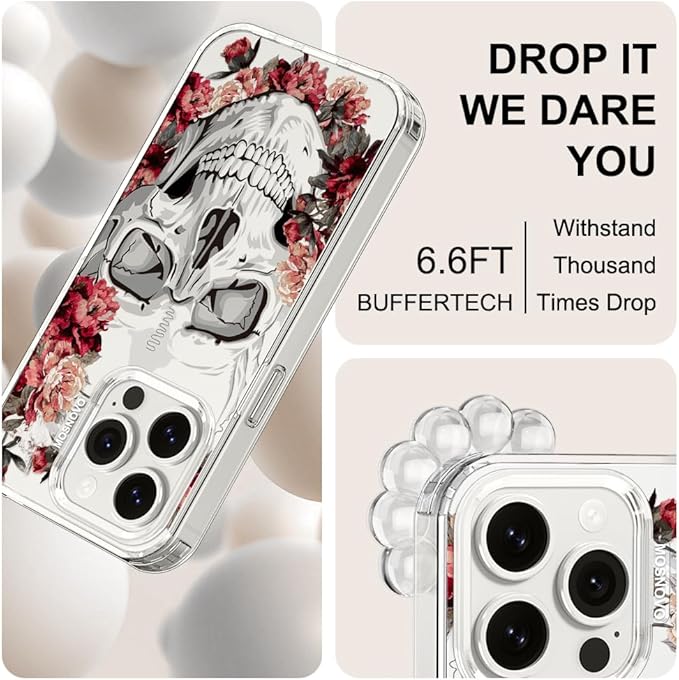 MOSNOVO Case for iPhone 15 Pro, [Buffertech 6.6ft Military-Grade Drop Protection] [Anti Peel Off Tech] Clear TPU Bumper Phone Case Cover Design - Red Flower Skull