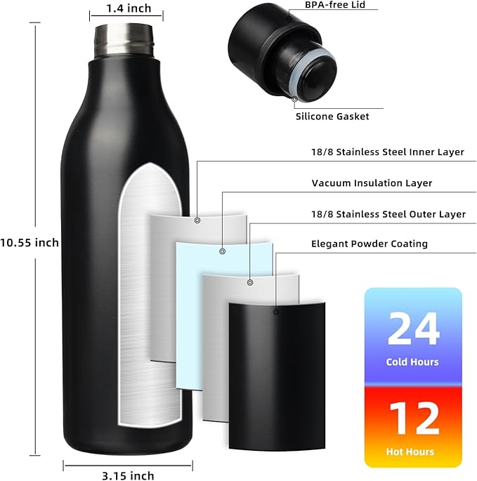 BJPKPK Insulated Water Bottles, 25 oz Stainless Steel Metal Water Bottle with Strap, BPA Free Leak Proof Jugs, Mugs, Flasks, Reusable Thermal Flasks for Sports & Travel, Black