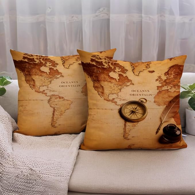 7COLORROOM Set of 2 Vintage World Map Pillow Covers Navigation Compass Square Decorative Throw Pillow Case Cotton Linen Cushion Cover 18”X 18” for Home Sofa Bedding Decoration (Brown map)