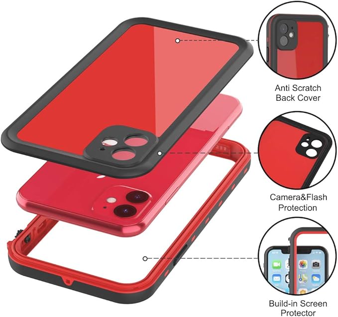 for iPhone 11 Waterproof Case with Screen Protector Full Body Protector Shockproof Dustproof Dirtproof Heavy Duty IP68 Waterproof Case for iPhone 11(6.1inch) (Red)
