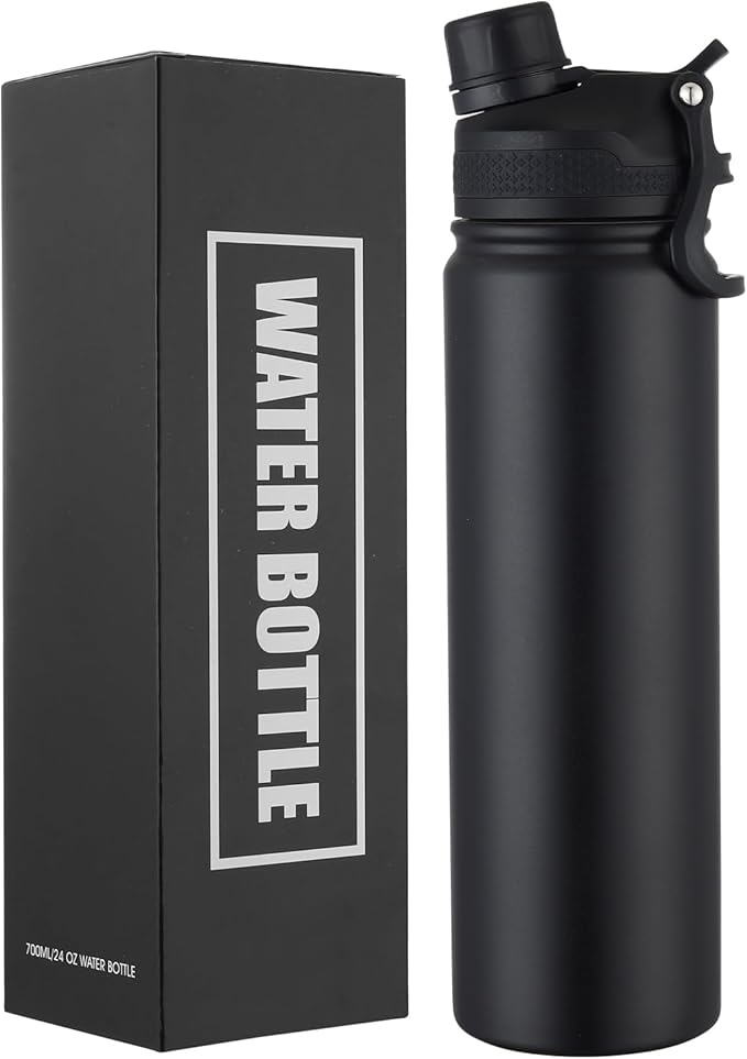 Insulated Water Bottle 24oz, Stainless Steel Double Wall Vacuum Sports Flask with 2-in-1 Straw & Chug Lid, BPA-Free, Leak Proof, Keeps Cold 24H for Travel Gym School