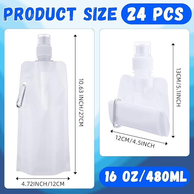 Teenyyou 24 Pack Collapsible Water Bottles Bulk 16oz Foldable Water Bottles with Carabiner Reusable Drinking Leak Proof Container Bags for Sport Biking Hiking Camping Travel Outdoor (White)
