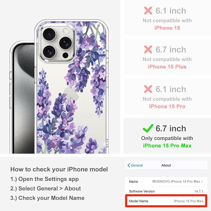 MOSNOVO Case for iPhone 15 Pro Max, [Buffertech 6.6ft Military-Grade Drop Protection] [Anti Peel Off Tech] Clear TPU Bumper Phone Case Cover Design - Lavender
