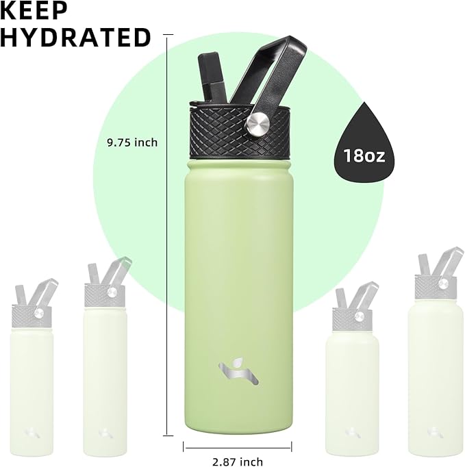 Konokyo 18 oz Insulated Water Bottle Stainless Steel Sport Bottles with 3 Lids,Macaron Green