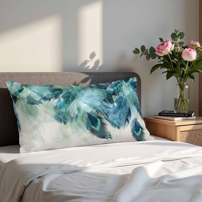 Peacock Feather 12 X 20 Pillow Covers Watercolor Gradient Blue Soft Halo Green Leaves Set of 2 Pillow Cases Rectangular Velvet Outdoor Pillowcases Decorative for Home Bed Sofa Couch Hotel