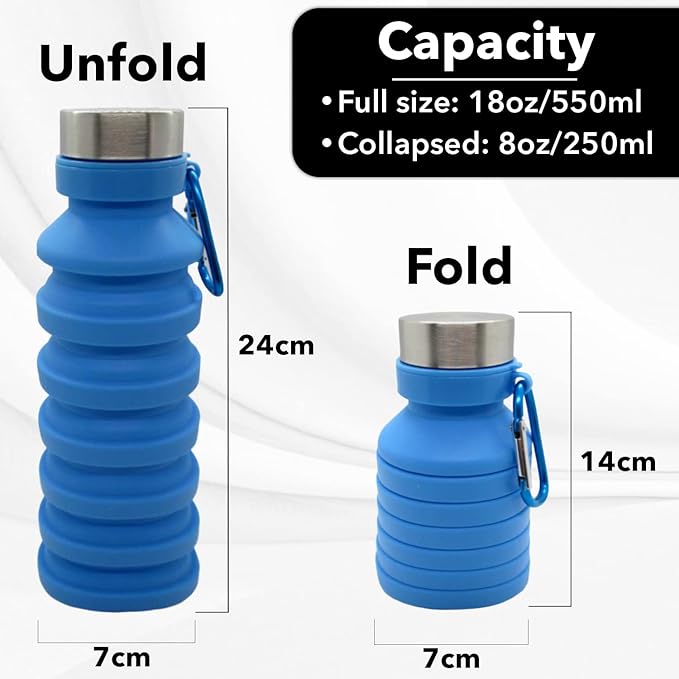 Gadgetime USA Collapsible Water Bottle (Blue) - Reusable, BPA Free, Silicone, Foldable Portable & Leak Proof - Water Bottles for Travel Gym Camping Hiking - Sports Water Bottle with Carabiner