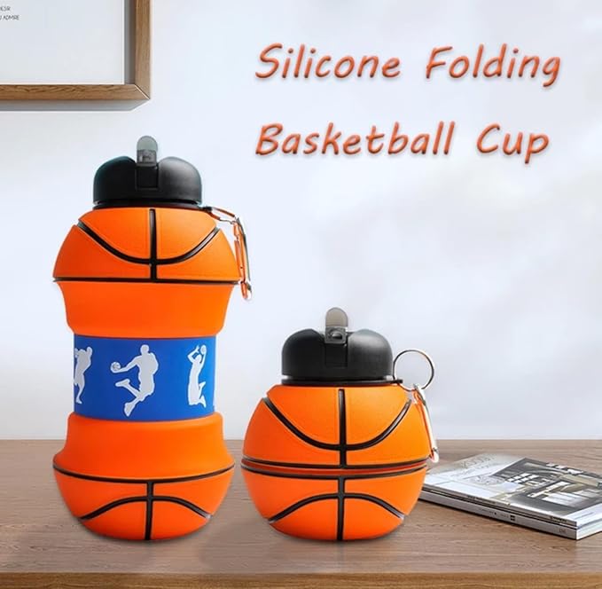 Soccer Water Bottle, 34oz Collapsible Silicone BPA-Free Kids Sports Bottle, Basketball Design, Perfect for Cycling, Travel, Hiking
