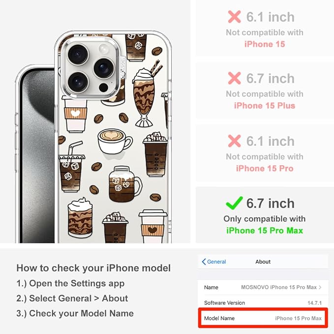 MOSNOVO Case for iPhone 15 Pro Max, [Buffertech 6.6ft Military-Grade Drop Protection] [Anti Peel Off Tech] Clear TPU Bumper Phone Case Cover Design - Coffee