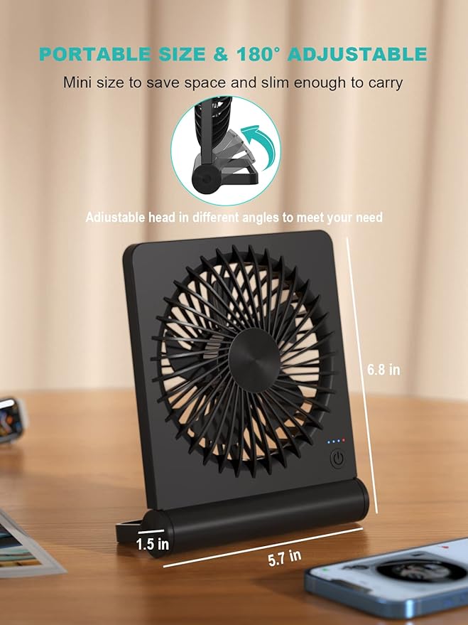 Small Desk Fan,Rechargeable USB Fan Battery Operated,Ultra Quiet, Strong Wind, 3 Speeds Travel Fans
