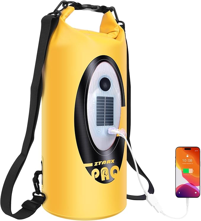 FELICON Solar/Battery Powered Multi-Functional Backpack with Bluetooth Speaker,IP66 Waterproof Dry Bag,Heavy Duty Roll Top Closure,Large Capacity Bag for Camping,Hiking,Traveling (Yellow 20L)
