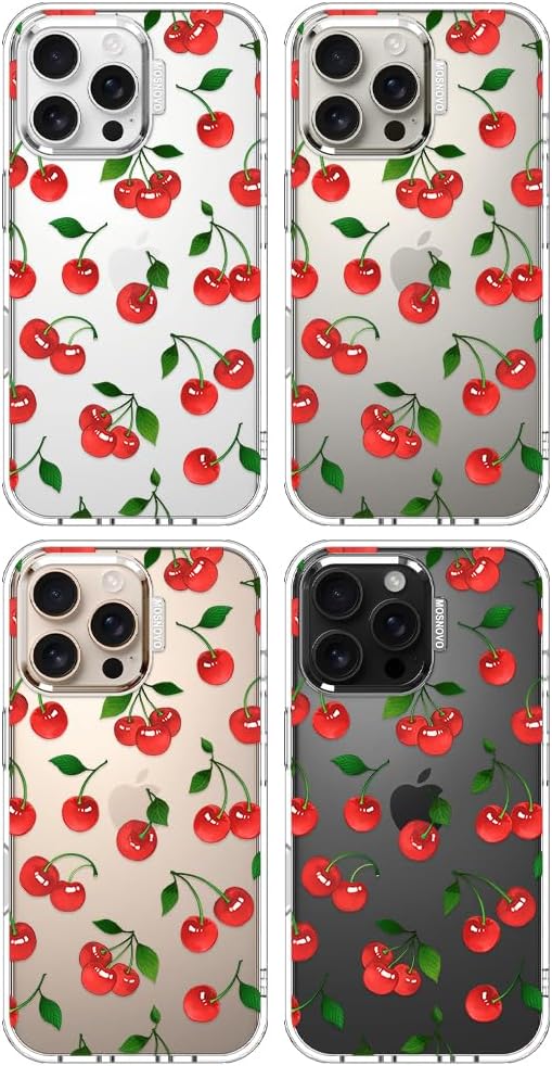 MOSNOVO Case for iPhone 16 Pro Max, [Buffertech 6.6ft Military-Grade Drop Protection] [Anti Peel Off Tech] Clear TPU Bumper Phone Case Cover Design - Cute Cherry